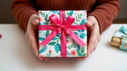 Hands Holding a Beautifully Wrapped Gift Box with Colorful Floral Design and Pink Ribbon on a Table
