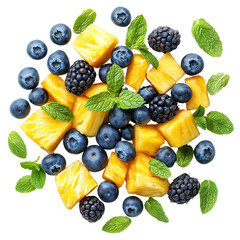 Blueberries and Pineapples Radiant Fruit Pop Burst Isolated on Transparent Background