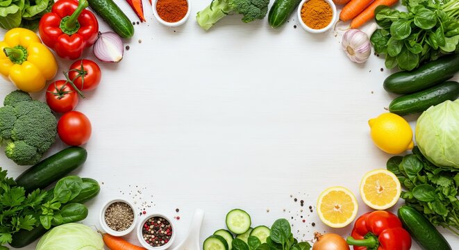 Fresh produce border on light surface