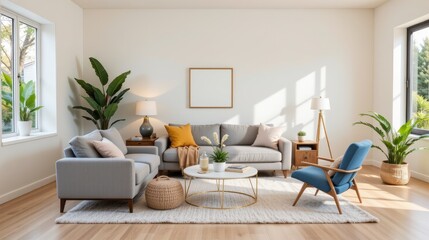 Bright and Modern Living Room Interior with Cozy Furniture, Decorative Plants, Natural Light and Warm Atmosphere