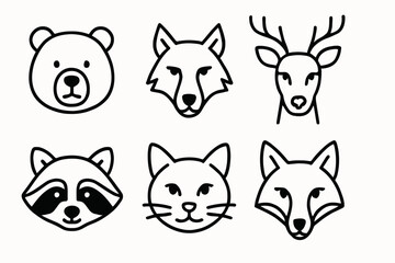 Fototapeta premium Outlined animal face icons in black line art Vector