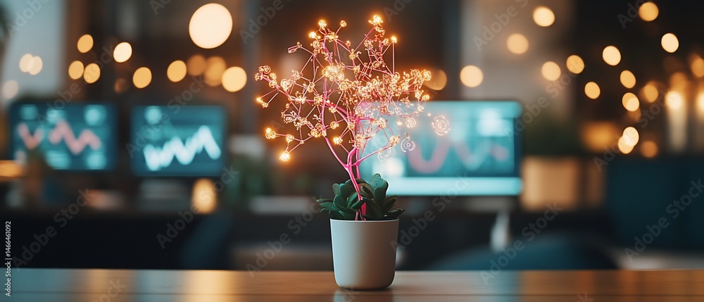 Poster potted light tree on desk with chart monitors, soft bokeh background