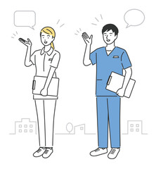 male and female nurses, explaining, full body, vector illustration