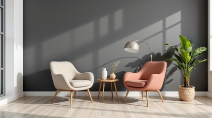 Cozy Living Room with Modern Chairs, Stylish Lamp and Indoor Plant in Minimalist Design