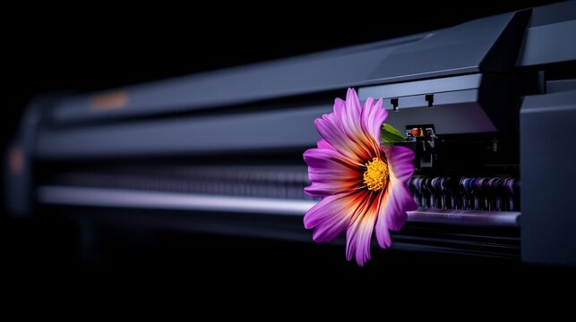 Printer with a colorful flower, artistic dark aesthetic
