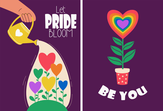 Pride Month. Promoting LGBT Poster Set. Hand with Garden Watering Can and rainbow Heart Flowers. LGBTQ community. Holiday vertical Cards and motivational phrases. Vector illustration
