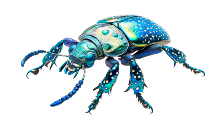 Close-up of shiny turquoise bug with dots on black background, cut out transparent