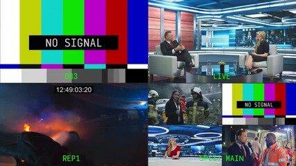 Playback Template for Television News Program Technical Director Management Software. Digital Media Production Master Control Concept with a TV Show with Breaking  News and Discussion Panel