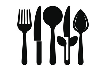 Cutlery arrangement shows a fork, knife, spoon, and leaf element silhouette
