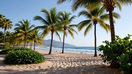 Serene Beach Scene with Palm Trees and Gentle Waves on a Clear Day in Tropical Paradise