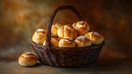 Freshly baked artisan rolls in a woven basket on rustic wooden table