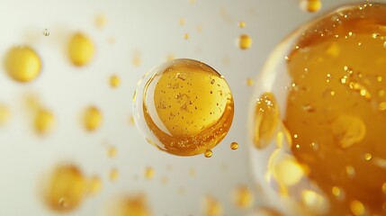 Golden spheres floating in a liquid backdrop