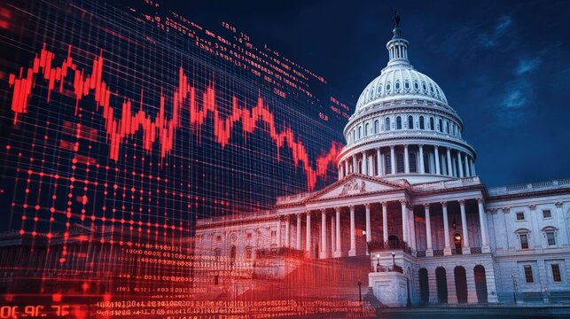 US Capitol Building with Red Stock Market Crash Overlay and Digital Data Glitch