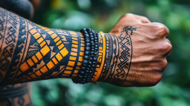 Close-up of an arm with an intricate Polynesian tribal tattoo featuring geometric patterns, against a leafy background. For tattoo art sites, cultural heritage blogs, or body art showcases.