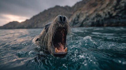 Obraz premium Majestic Sea Lion Roaring in Ocean Landscape, Galapagos Islands Animal Photography in Bold Style