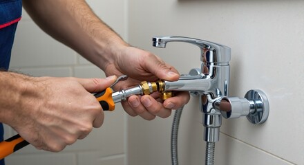 Plumber repairing faucet with tools in modern bathroom setting  