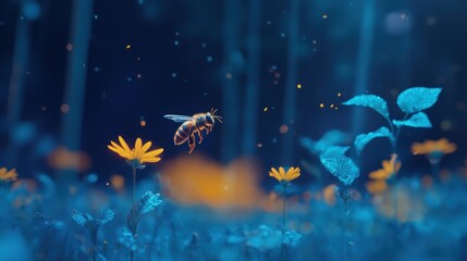 Artistic blur of a bee hovering above bright yellow blooms with iridescent blue leaves in the background