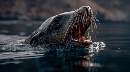 Fototapeta premium Majestic Sea Lion Roaring in Ocean Landscape, Galapagos Islands Animal Photography in Bold Style
