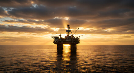 Obraz premium Dramatic Golden Sunset Silhouette over Calm Ocean with Offshore Oil Platform Reflecting Sunlight