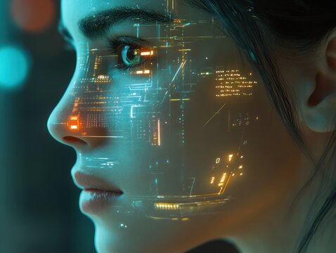 Portrait with digital overlay technology concept