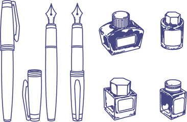 万年筆とボトルインクの線画のイラストセット