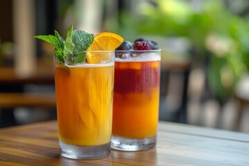 Fototapeta premium Two refreshing fruit drinks, garnished with citrus and berries.