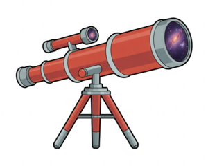 A cartoon illustration of a red telescope on a tripod against a black background showing a galaxy