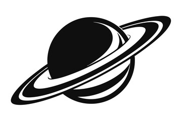 A striking black and white glyph displays Saturn with its distinctive rings