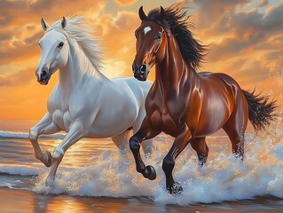 Fototapeta premium Horses Running in the Ocean at Sunset