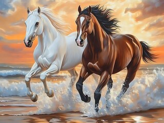 Fototapeta premium Horses Running on the Beach at Sunset