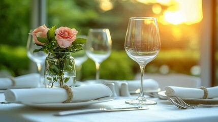 Outdoor dining table setting with fresh flowers, elegant and romantic