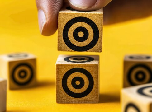 Wooden blocks with targets,  a hand placing one on top of another