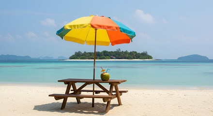 a picnic table by the shore, coconut drink, sea breeze moving the umbrella, white sand beach