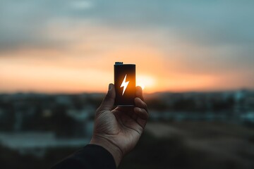 Hand holding power bank at sunset showcasing clean energy and renewable resources