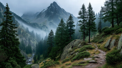 Obraz premium Misty hike along a foggy mountain path surrounded by pine forest nature photography scenic view