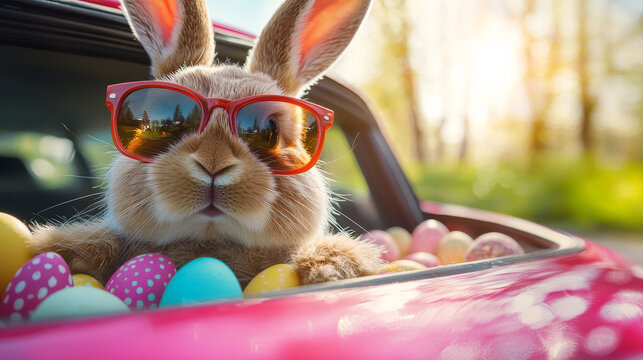 cute Easter bunny with sunglasses peeking out from a car full of colorful Easter eggs