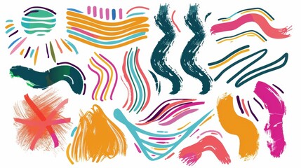 Naklejka premium Colorful Bold Curved Lines Collection: Hand-Drawn Grunge Brush Strokes, Scribbles & Swirls on White