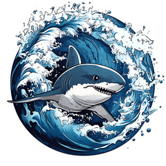 Cartoon Shark Swimming Through Ocean Waves Isolated on Transparent Background