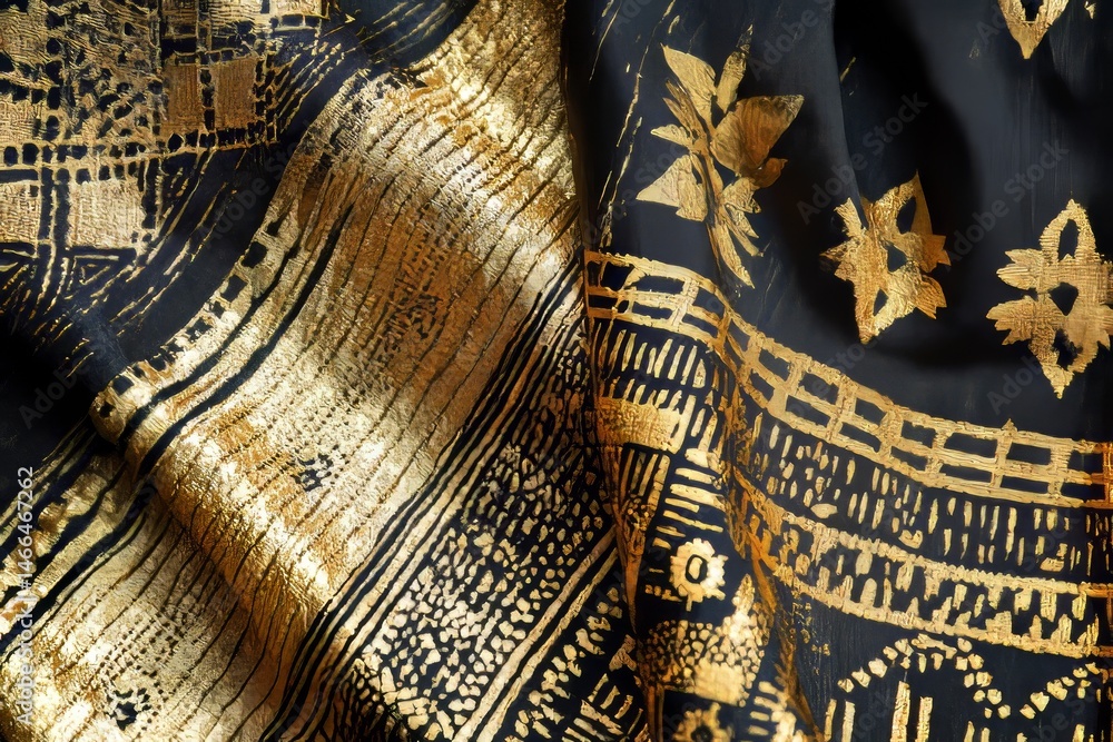 Poster close-up view of a black fabric with golden patterns.