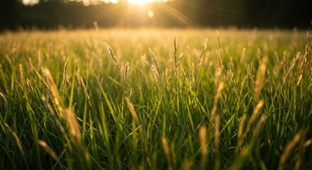 Golden Hour Sunset Over Lush Green Grass Field