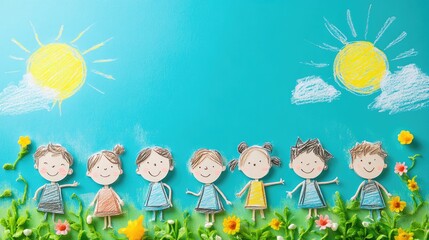 A line of chalk-drawn children stands under two suns. This whimsical, child-like illustration is ideal for websites or blogs on education, family, childhood, or community themes.
