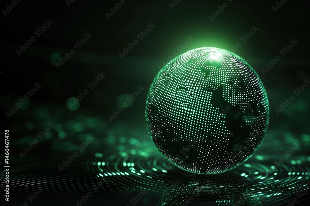 Aufkleber glowing green dotted globe on a dark surface with blurred lights creating a futuristic atmosphere