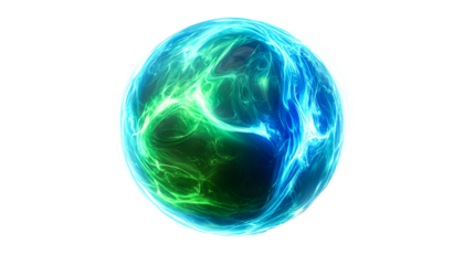 Energy sphere with flowing light strands in blue and green, cut out transparent