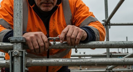 Construction worker assembling scaffolding with tools in field  