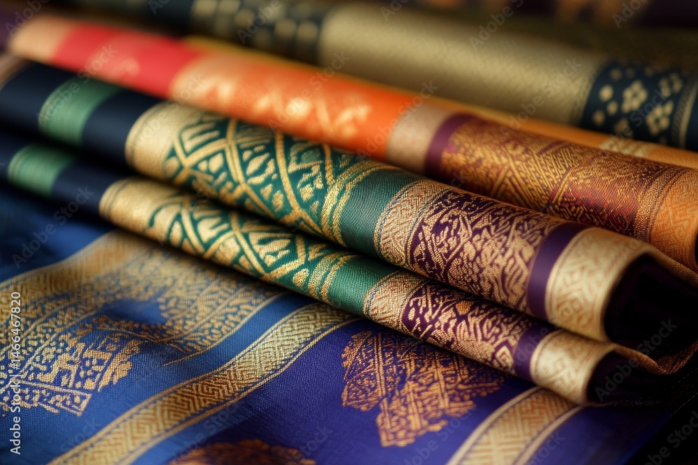 Aufkleber close-up view of various colorful textiles with intricate patterns.