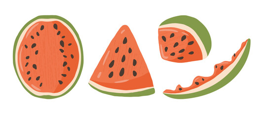 A collection of vector illustrations with juicy Summer Watermelon slices with pits. Elements of Tropical fruits for summer design, logos, stickers, prints.