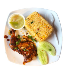 Fried rice with BBQ chicken and vegetables platter.