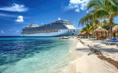 Fototapeta premium White cruise ship rests offshore as clear blue waves approach sandy beach with palapas