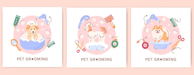 A set of square templates for Dog Grooming, grooming studio, hygiene, haircuts for pets. Design of posters, posters, booklets. Pedigreed dogs, pet Accessories.