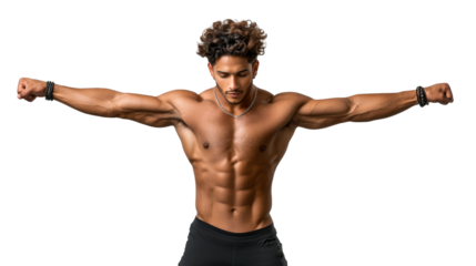 Strong Latino Athlete Posing, Muscle Definition, Arms Outstretched, cut out transparent